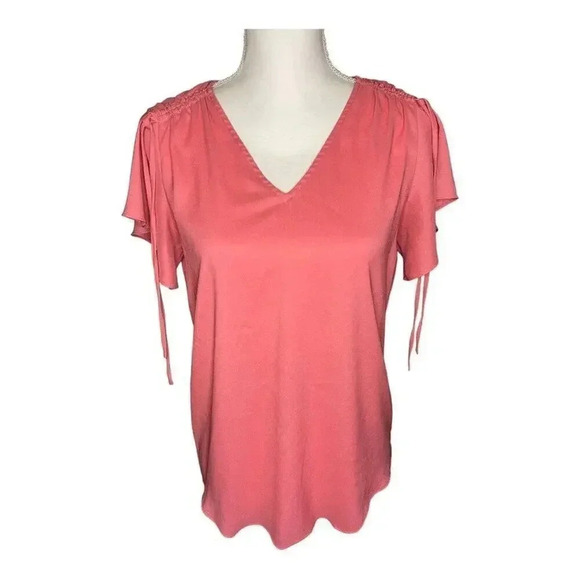 Ann Taylor Women’s XS Pink Ruched Tie‎ Short Sleeved V-Neck Blouse - Picture 1 of 3